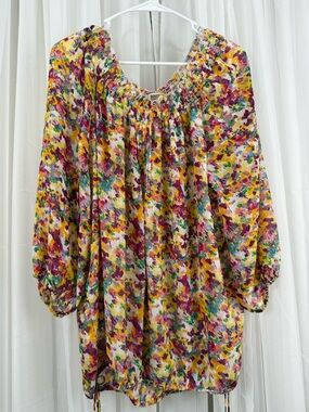 Route 66 XL Sheer Floral Peasant Blouse Smocked Neck Boho Top